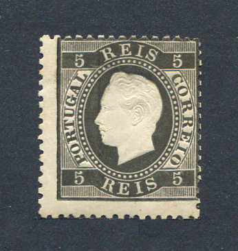 1870/6 - Afinsa nº 36. D. Luis I, fita direita. Selo de 5 reis NOVO COM CHARNEIRA (*) e goma original. Papel liso denteado 12 1/2. Tem uma transparência e o cunho aberto.