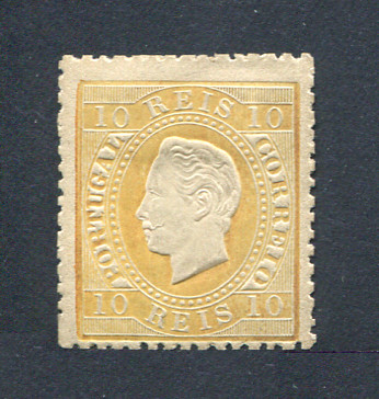 1870/6 - Afinsa nº 37. D. Luis I, fita direita. Selo de 10 reis NOVO COM CHARNEIRA (*) e goma original. Papel liso, denteado 12 1/2. Em boas condições.