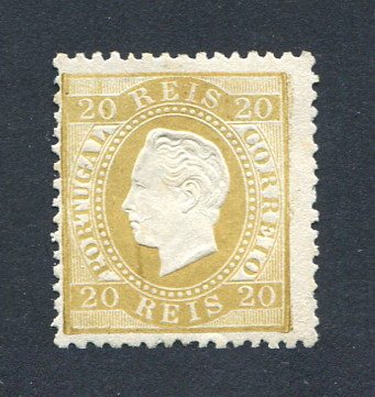 1870/6 - Afinsa nº 39. D. Luis I, fita direita. Selo de 20 reis novo SEM GOMA. Papel liso, denteado 12 1/2. Em boas condições.