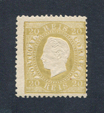 1870/6 - Afinsa nº 39. D. Luis I, fita direita. Selo de 20 reis novo SEM GOMA. Papel liso, denteado 12 1/2. Em boas condições.
