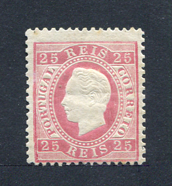 1870/6 - Afinsa nº 40. D. Luis I, fita direita. Selo de 25 reis NOVO SEM GOMA. Papel liso, denteado 12 1/2. Pequeno vinco.