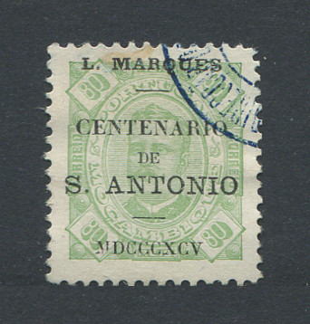 1895 - Afinsa nº 28. D. Carlos com sobrecarga "CENTENARIO DE S. ANTONIO". Selo de 80 reis usado. Em boas condições.