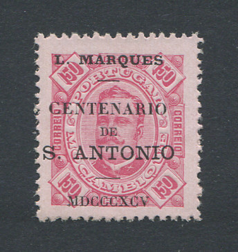 1895 - Afinsa nº 30. D. Carlos com sobrecarga "CENTENARIO DE S. ANTONIO". Selo de 150 reis novo sem goma como emitido. Em boas condições.