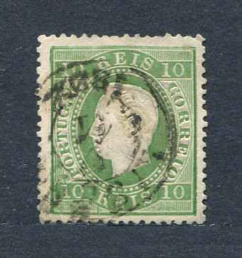 1879/80 - Afinsa nº 49E. D. Luis I, fita direita novas cores. Selo de 10 reis usado. VERDE. Papel liso, denteado 13 1/2. Em boas condições.