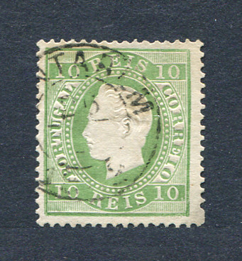 1879/80 - Afinsa nº 49E. D. Luis I, fita direita novas cores. Selo de 10 reis usado. VERDE AMARELO. Papel liso, denteado 13 1/2. Em boas condições.