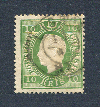 1879/80 - Afinsa nº 49E. D. Luis I, fita direita novas cores. Selo de 10 reis usado. VERDE AMARELO. Papel liso, denteado 13 1/2. Em boas condições.