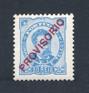 1892 - Afinsa nº 87. D. Luis I com sobrecarga PROVISÓRIO. Selo de 50 reis NOVO, COM CHARNEIRA (*) e goma original. Em boas condições.
