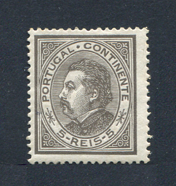 1880/81 - Afinsa nº 52e. D. Luis I, de perfil. Selo de 5 reis NOVO, COM CHARNEIRA (*) e goma original. Papel porcelana, denteado 13 1/2. Em boas condições.