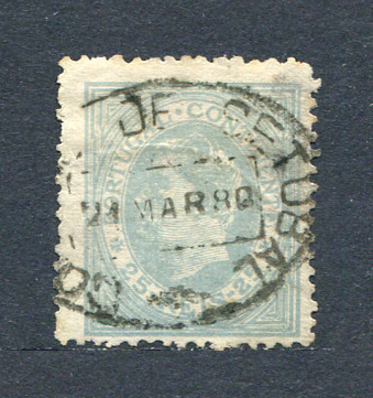 1880/81 - Afinsa nº 53. D. Luis I, de perfil. Selo de 25 reis usado. Papel liso, denteado 12 1/2. Carimbo de Setúbal. Em boas condições.