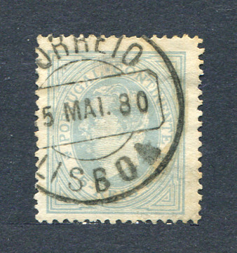 1880/81 - Afinsa nº 53A. D. Luis I, de perfil. Selo de 25 reis usado. Papel liso, denteado 13 1/2. Em boas condições.