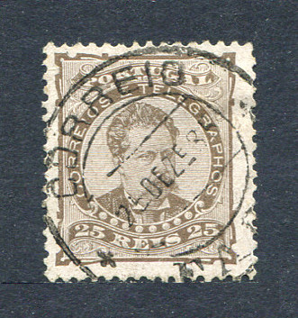 1882/83 - Afinsa nº 57A. D. Luis I de frente. Selo de 25 reis usado. Papel porcelana, denteado 12 1/2. Em boas condições.