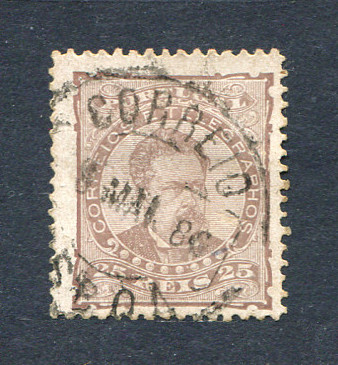 1882/83 - Afinsa nº 57A. D. Luis I de frente. Selo de 25 reis usado. Papel porcelana, denteado 12 1/2. Em boas condições.