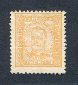 1892 - Afinsa nº 68. D. Carlos I. Selo de 5 reis NOVO, SEM GOMA. Papel porcelana, denteado 11 1/2. Em boas condições.