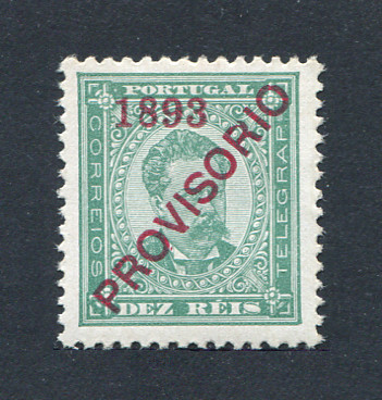 1892 - Afinsa nº 90. D. Luis I com sobrecarga PROVISÓRIO. Selo de 10 reis NOVO, COM CHARNEIRA (*) e goma original. Denteado 11 1/2. Em boas condições.