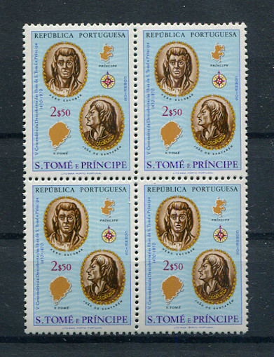 1970 - Afinsa nº 397. 5º Centenário da Descoberta de São Tomé. Selos de 2$50 EM QUADRA. Novos SEM CHARNEIRA (**) e com goma original. Em boas condições.