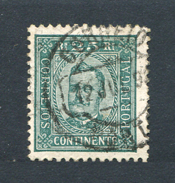1892 - Afinsa nº 70. D. Carlos I. Selo de 25 reis usado. Papel porcelana, denteado 11 1/2. Em boas condições.