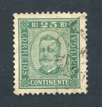 1892 - Afinsa nº 70A. D. Carlos I. Selo de 25 reis usado. Papel pontinhado, denteado 11 1/2. Em boas condições.