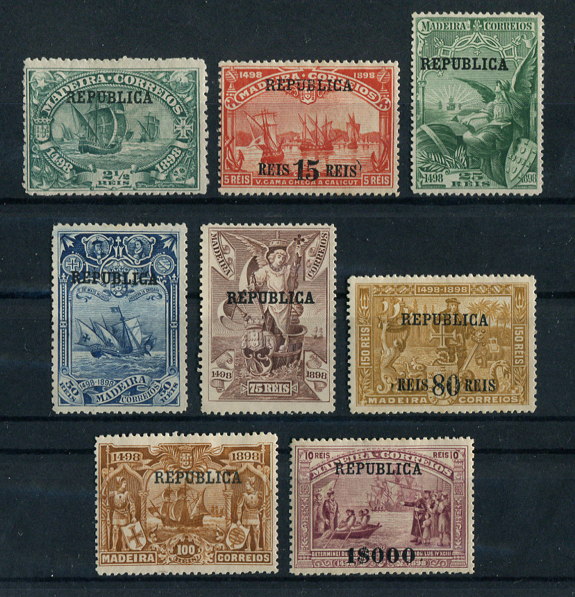 1911 - Afinsa nº 198/205. 4º Centenário da Descoberta do Caminho Maritimo para a India. Com sobrecarga REPUBLICA. Série completa nova, SEM GOMA. Em boas condições.