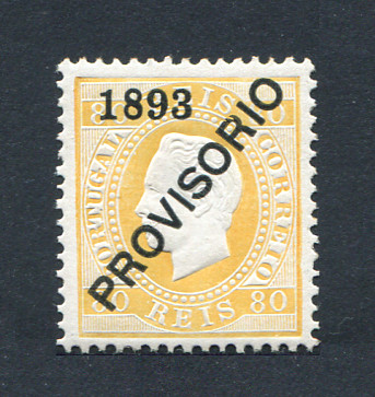 1892 - Afinsa nº 94. D. Luis I com sobrecarga PROVISÓRIO. Selo de 80 reis NOVO, COM CHARNEIRA (*) e goma original. Em boas condições.