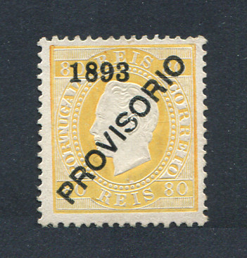 1892 - Afinsa nº 94. D. Luis I com sobrecarga PROVISÓRIO. Selo de 80 reis NOVO, SEM GOMA. Em boas condições.