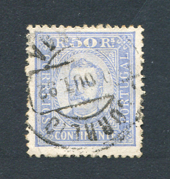 1892 - Afinsa nº 71A. D. Carlos I. Selo de 50 reis usado. Papel porcelana, denteado 12 1/2. Em boas condições.