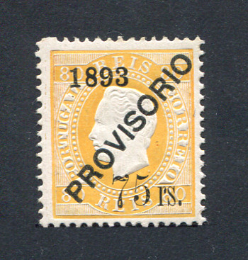1892 - Afinsa nº 97. D. Luis I com sobrecarga PROVISÓRIO. Selo de 75r/80r NOVO, COM CHARNEIRA (*) e goma original. Em boas condições.