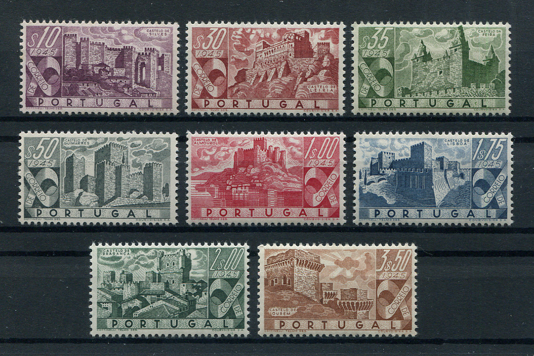 1946 - Afinsa nº 664/671. Castelos de Portugal. Série completa nova, COM CHARNEIRA (*) com goma original. Em boas condições.