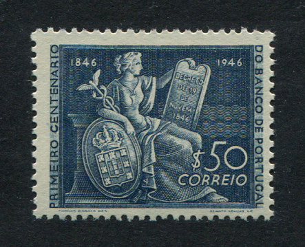 1946 - Afinsa nº 672. 1º Centenário do Banco de Portugal. Selo de $50 novo, COM CHARNEIRA (*) e goma original. Em boas condições.