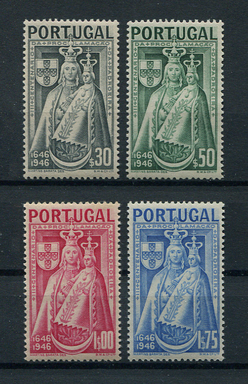 1946 - Afinsa nº 673/676. 3º Centenário da Proclamação da Padroeira de Portugal. Série completa nova SEM CHARNEIRA (**) e com goma original. Em boas condições.
