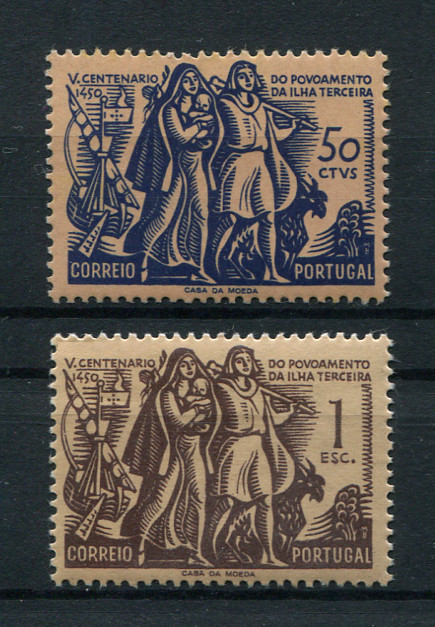 1951 - Afinsa nº 737/738. 5º Centenário do Povoamento da Ilha Terceira. Série completa nova SEM CHARNEIRA (**) e com goma original. Em boas condições.