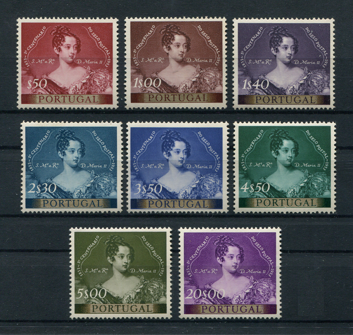 1953 - Afinsa nº 786/793. Centenário do Selo Postal Português. Série completa nova, SEM GOMA. Em boas condições. BAIXO CUSTO.
