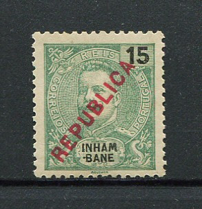 1917 - Afinsa nº 91. D. Carlos I com sobrecarga local REPUBLICA. Selo de 15 reis novo, sem goma como usual. Em boas condições.