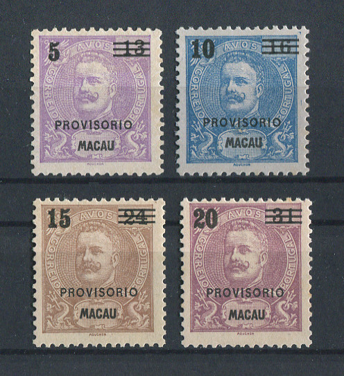 1899 - Afinsa nº  91/94. D. Carlos I com sobrecarga. Série completa nova, SEM GOMA. Em boas condições.