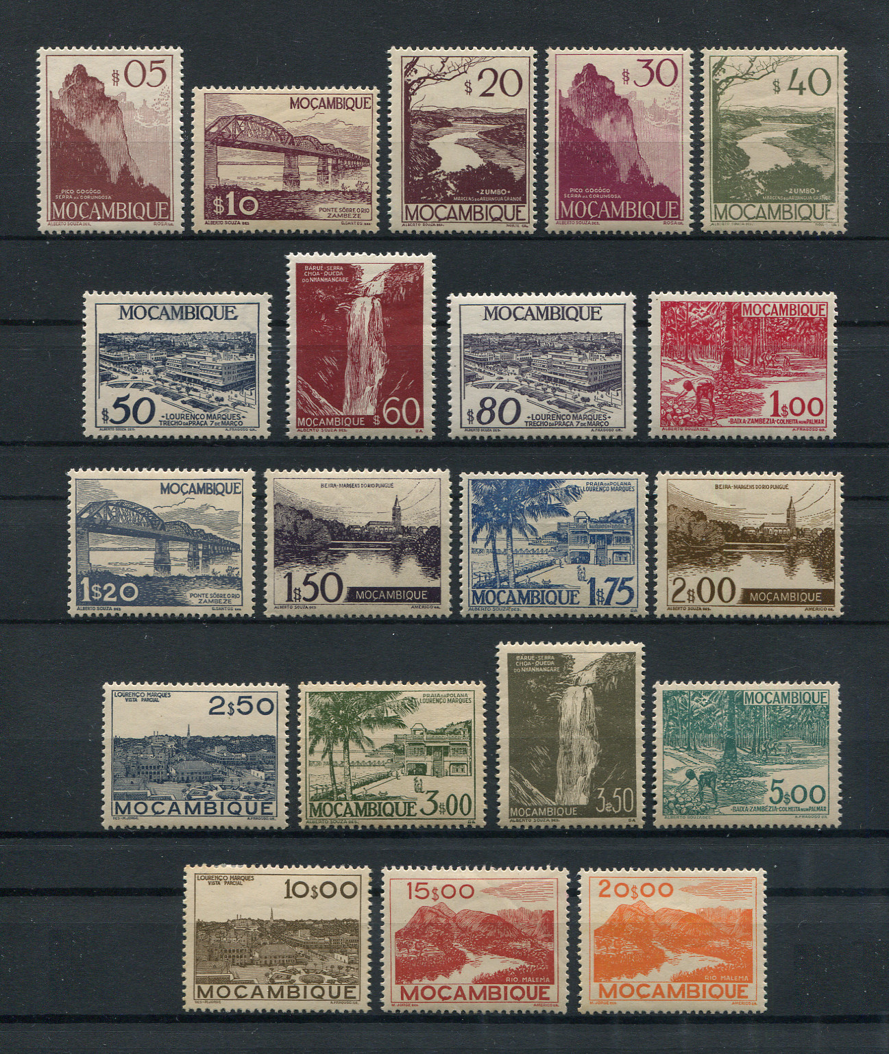 1948 - Afinsa nº 324/343. Vistas de Moçambique. Série completa nova, COM CHARNEIRA (*) e goma original. Em boas condições.