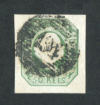 1855/56 - Afinsa nº 8. D. Pedro V, cabelos lisos. Selo de 50 reis usado. Boas margens. Em boas condições. EXEMPLAR NORMAL.