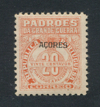 1925 - Imposto Postal Porteado. Afinsa nº 1. Padrões com sobrecarga "Açores". Selo de 20c novo, COM CHARNEIRA (*) e goma original. (a goma nestes selos é sempre um pouco amarela e irregular mas é normal, foram emitidos assim mesmo). Em boas condições.