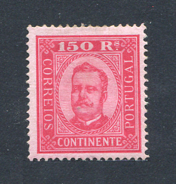 1892 - Afinsa nº 77A. D. Carlos I. Selo de 150 reis NOVO, COM CHARNEIRA (*) e goma original. Papel porcelana, denteado 13 1/2. Em boas condições.