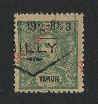 1913 - Afinsa nº 134. D. Carlos I com sobrecarga local REPUBLICA. Selo de 3r usado. Em boas condições.