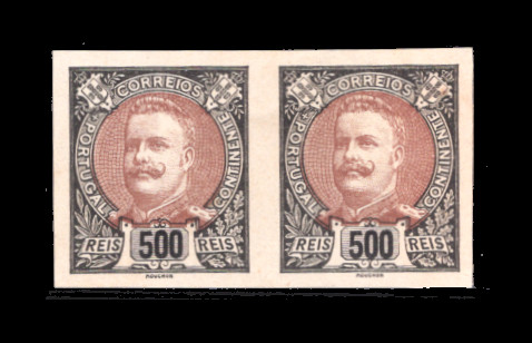 1895 - Afinsa nº 139. D. Carlos I. Par de PROVAS não denteadas. Selos de 500 reis novos com falhas na goma e papel no verso. De resto em boas condições.