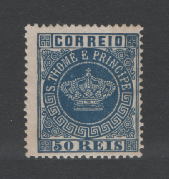 1881 - Afinsa nº 14d. Tipo Coroa. Selo de 50 reis novo, SEM GOMA. AZUL. Denteado 13 1/2. Em boas condições.
