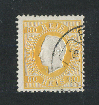 1870/6 - Afinsa nº 42i. D. Luís I, fita direita. Selo de 80 reis usado. Papel porcelana, denteado 12 1/2. Em boas condições.