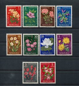 1953 - Afinsa nº 374/383. Flores de Macau. Série completa nova, SEM GOMA. Em boas condições.