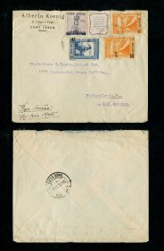 1951 - Carta de Cabo Verde para os EUA. Selos de 2E, 80c, 1$00/1$75 e 50c/80c. Em boas condições.