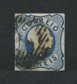 1856/8 - Afinsa nº 11. D. Pedro V. Cabelos anelados.Selo de 25 reis usado. Margens pequenas, mas em boas condições. EXEMPLAR de 2ª ESCOLHA.