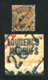 1915 - Afinsa nº 143a. D. Carlos I com sobretaxa e perfuração em diagonal. Selo de 1/4c/5r usado. ERRO ''MARQUFS'' em vez de ''MARQUES''. Em boas condições.