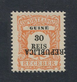 1919 - Porteado com sobrecarga local REPUBLICA. Afinsa nº 23. Selo de 30 reis novo sem goma como emitido. SOBRECARGA INVERTIDA. Em boas condições.