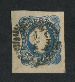1855/56 - Afinsa nº 6. D. Pedro V, cabelos lisos. Selo de 25 reis usado. Boas margens. Em boas condições. EXEMPLAR NORMAL.
