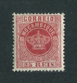 1876 - Afinsa nº 4. Tipo Coroa. Selo de 25 reis novo, COM CHARNEIRA (*) e goma original. CARMIM ROSA. Denteado 12 1/2. Em boas condições.