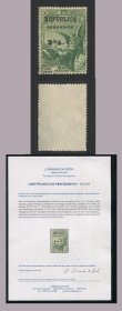 1913 - Afinsa nº 50a. ERRO, SOBRECARGA SOBRE SELO DOS AÇORES (em vez de África). Selo de 2 1/2c/25r novo, sem goma. Com CERTIFICADO DE PERITAGEM (CERTIFICATE). Em boas condições
