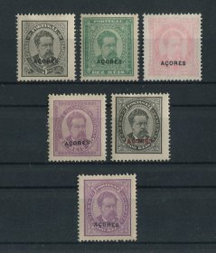 1884 - Afinsa nº  52/57. D. Luis I. Reimpressões de 1905. Série completa. O selo de 20r não tem goma, os restantes têm charneira e goma original. Em boas condições.